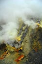 Sulfur mining at the crater of active volcano Ijen, Indonesia