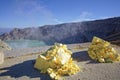 The sulfuric lake of Kawah Ijen vulcano in East Java with sulfur stone in foreground