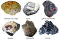 Collage of six named sulphide minerals. Royalty Free Stock Photo