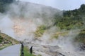 Sulphurous mountain valley with hot spring stream and steam at Tamagawa Onsen Hot spring in Senboku city, Akita prefecture, Japan Royalty Free Stock Photo