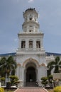 Sultan Abu Bakar State Mosque uilding front entrance against blue sky in Johor Bahru in Malaysia. The mosque was built between