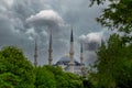 Sultan Ahmet Mosque, also known as Blue Mosque of Istanbul, during a storm with cloudy sky. Spectacular and dramatic view of Royalty Free Stock Photo