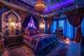 Sultan Luxurious Royal Bedroom at Night, Wealthy Middle East Bedroom Interior, Luxury Oriental Arab Hotel Room Royalty Free Stock Photo