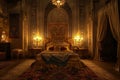 Sultan Luxurious Royal Bedroom at Night, Wealthy Middle East Bedroom Interior, Luxury Oriental Arab Hotel Room Royalty Free Stock Photo