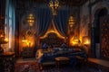 Sultan Luxurious Royal Bedroom at Night, Wealthy Middle East Bedroom Interior, Luxury Oriental Arab Hotel Room Royalty Free Stock Photo