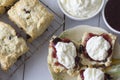 Sultana Scones with Jam and Cream Top View Royalty Free Stock Photo