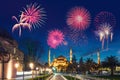 Sultanahmet camii or Sultan Ahmet camii (Blue Mosque, Istanbul - Turkey) with fireworks Royalty Free Stock Photo