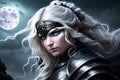 sultry warrior with white wavy hair, her hypnotic eyes piercing through the darkness, her black armor glistening in the moonlight Royalty Free Stock Photo