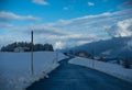 Sulzberg, Austria - February 2, 2020: A road for walking. Path for wandering in Alps