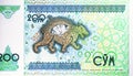 200 Sum banknote, Bank of Uzbekistan, closeup bill fragment shows Detail of a tiger mosaiÃÂ on the Sher-Dor Madrasah