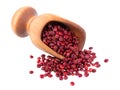 Sumac seeds in wooden scoop, isolated on white background. Whole dry Rhus berry.