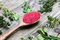 Sumac seeds in a wooden spoon on rustic background. red seasoning.