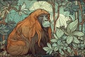 Sumatran orangutan art nouveau style, hand drawn & artistic