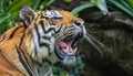 Sumatran tiger roar, critically endangered species with only around 140 left in the wild