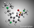 Sumatriptan molecule. It is serotonin receptor agonist used to treat migraines, headache. Molecular model. 3D rendering