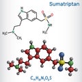 Sumatriptan molecule. It is serotonin receptor agonist used to treat migraines, headache. Structural chemical formula, molecule