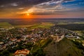 Sumeg, Hungary - Aerial panoramic view of the famous High Castle of Sumeg in Veszprem county at sunset with colorful clouds Royalty Free Stock Photo