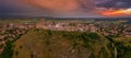 Sumeg, Hungary - Aerial panoramic view of the famous High Castle of Sumeg in Veszprem county at sunset with storm clouds Royalty Free Stock Photo