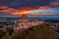 Sumeg, Hungary - Aerial panoramic view of the famous High Castle of Sumeg in Veszprem county at sunset with storm clouds Royalty Free Stock Photo