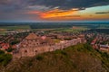 Sumeg, Hungary - Aerial panoramic view of the famous High Castle of Sumeg in Veszprem county at sunset with colorful of sunset Royalty Free Stock Photo