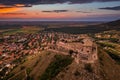 Sumeg, Hungary - Aerial panoramic view of the famous High Castle of Sumeg in Veszprem county at sunset with storm clouds Royalty Free Stock Photo