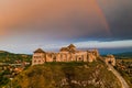 Sumeg, Hungary - Aerial panoramic view of the famous High Castle of Sumeg in Veszprem county at sunset with rainbow Royalty Free Stock Photo