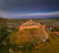 Sumeg  Hungary - Aerial panoramic view of the famous High Castle of Sumeg in Veszprem county at sunset with storm clouds Royalty Free Stock Photo