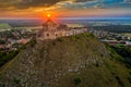 Sumeg, Hungary - Aerial view of the famous High Castle of Sumeg in Veszprem county at sunset with colorful clouds Royalty Free Stock Photo