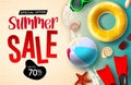 Sumer sale vector banner design. Summer sale 3d text up to 70% off discount with beach ball, floater and sunglasses element.