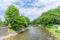 Sumer view on Olza river between Cesky Tesin in Czech Republic and Cieszyn in Poland