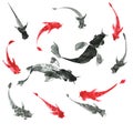 Sumi-e hand drawn fishes, black and white. Japan traditional sty