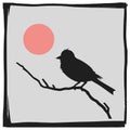 Sumi E stylized digital silhouette with bird at sunrise Royalty Free Stock Photo