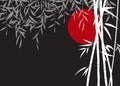 Sumi-e, u-sin or go-hua oriental art stylization of ink painting. Vector background with red moon, bamboo stems and leaves and