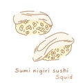 Sumi nigiri sushi. Squid on boiled sushi rice. Side and three-quarter view.