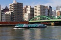A futuristic looking boat passes by the Umayabashi Bridge on the Sumida river in Tokyo