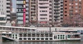 Sumidagawa Water Bus With Modern Buildings, Tokyo, Japan.