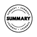 Summary - a brief statement or account of the main points of something, text stamp concept background