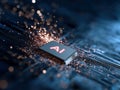 Summary Close-up digital artwork of an AI chip AI lettering on a circuit board backdrop, surrounded by dynamic particles, cool Royalty Free Stock Photo