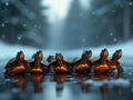 Summary A group of colorful young turtles swimming together, reflected in a water body under soft, diffuse light Vibrant orange Royalty Free Stock Photo