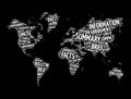 Summary word cloud in shape of world map, concept background