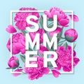 Summer design with floral background. Blooming pink peony flowers, petals and leaves. Royalty Free Stock Photo