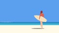 Summer banner of woman standing on beach with surfboard gazing at wave in ocean under a clear blue sky. Royalty Free Stock Photo