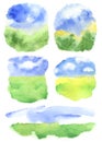 Summer abstract backdrops clouds on blue sky and grass field. set of watercolor backgrounds Royalty Free Stock Photo