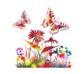 Summer abstract background. Colored flowers and butterflies in watercolor. Vector illustration Royalty Free Stock Photo