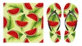 Summer abstract bright seamless pattern with watermelon slices and palm leaves. Royalty Free Stock Photo