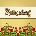 Summer abstract landscape in the style of boho chic, hippie, card, cover. Red flowers on a gold background. Bright, juicy Royalty Free Stock Photo
