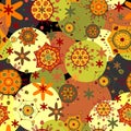 Summer abstract pattern. Seamless vector with different orange, yellow and green elements on the background of