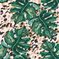 Summer abstract seamless pattern: sparkling tropical leaves, leopard fur coat inspired animal skin print Royalty Free Stock Photo