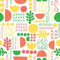 Summer abstract seamless vector pattern. Green yellow coral red leaf plant and geometric shapes.