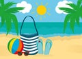 Summer accessories for the beach. Bag, sunglasses, flip flops, ball. Against the background of the sun the sea and palm trees. Royalty Free Stock Photo